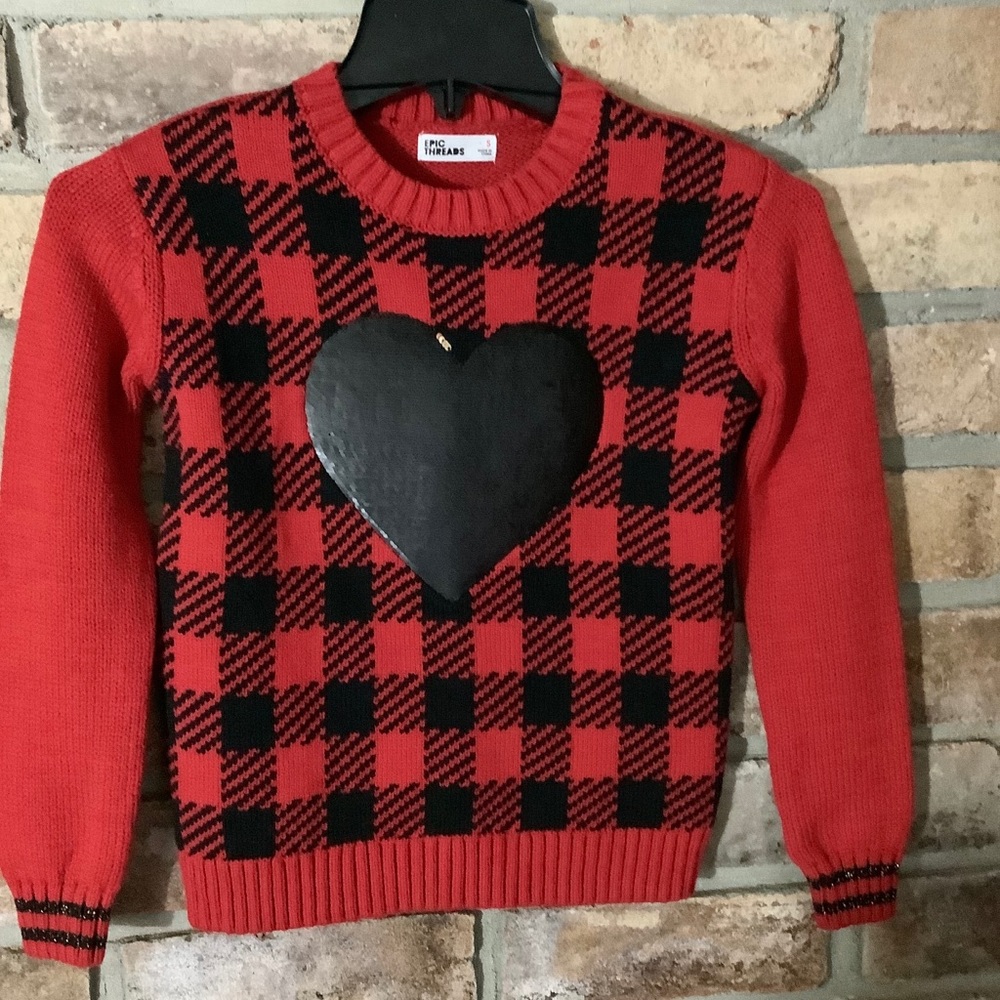 EPIC THREADS Girl’s Plaid/Sequined Heart Sweater Size-S